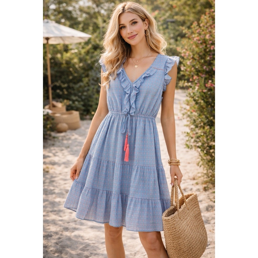 Ella Gray Maxi Dress Blue Pink Cotton Tie Tassels Ruffles Sundress Sz XL Boho